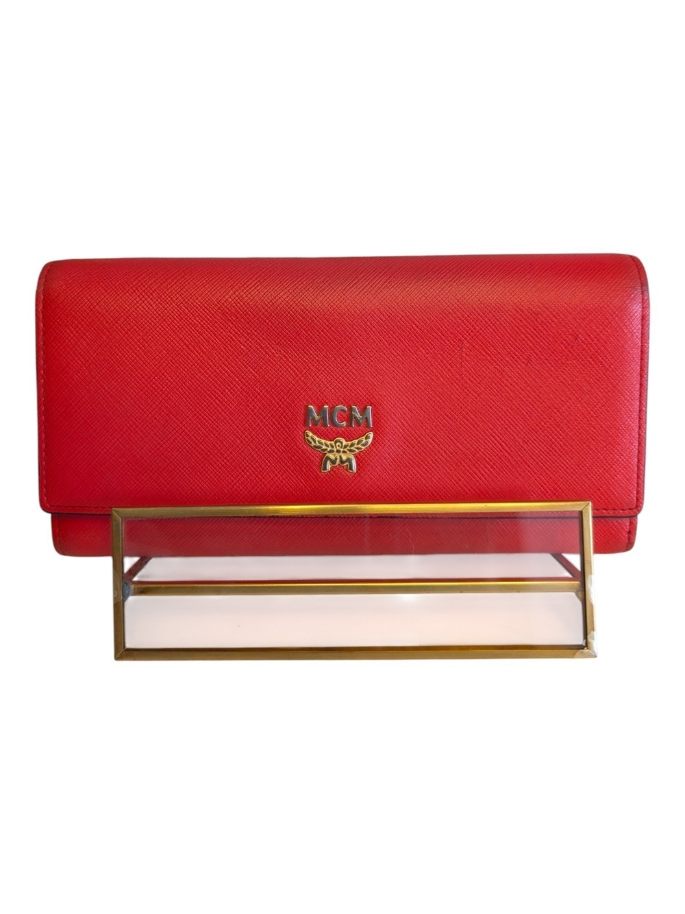 MCM Saffiano Leather Continental Flap Long Wallet, Coral & Tan, EUC!
